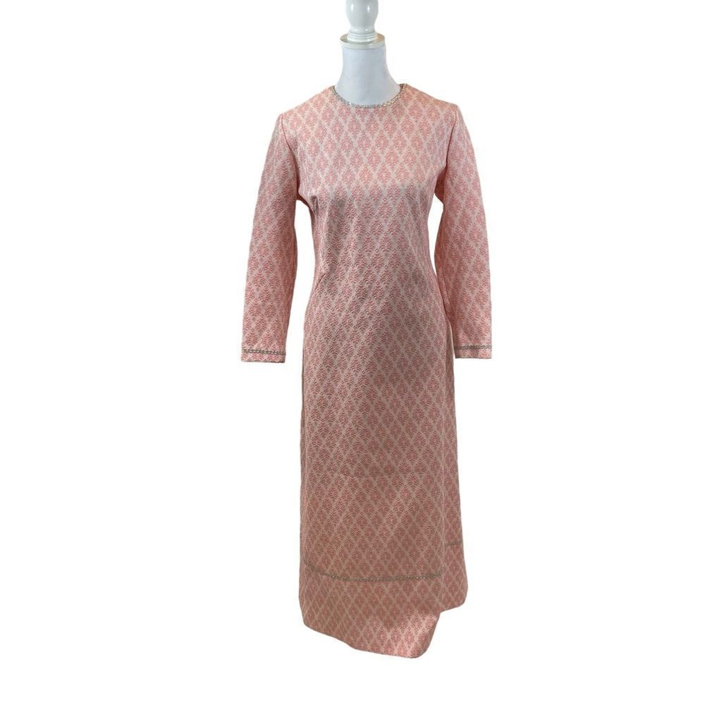 Vintage 60/70’s Berkshire B-Tween Light Pink Jacquard Long Sleeve Dress Size 14